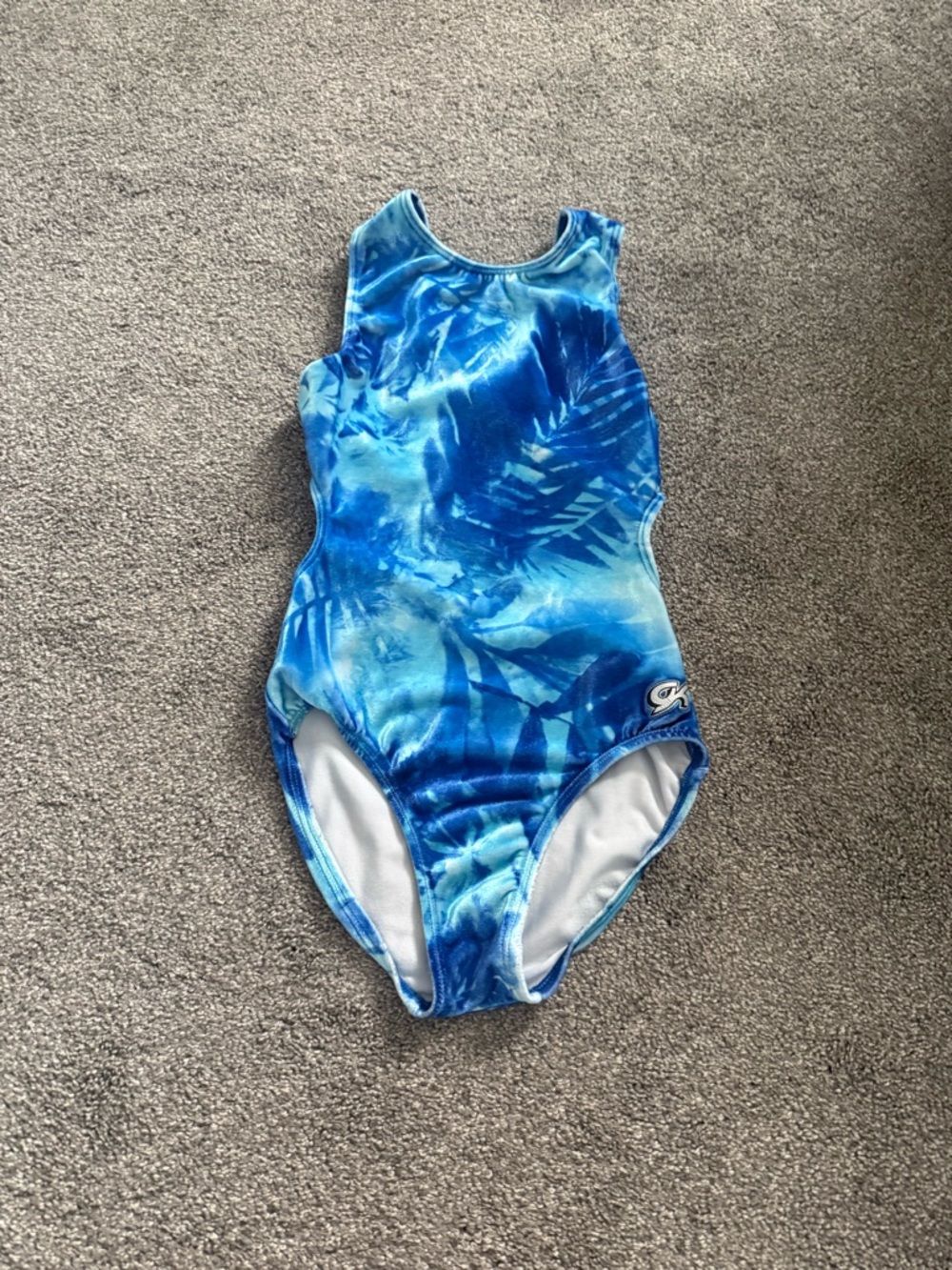 GK Elite Blue Tropical Print Velvet Side Cut Out Leotard Sz CL